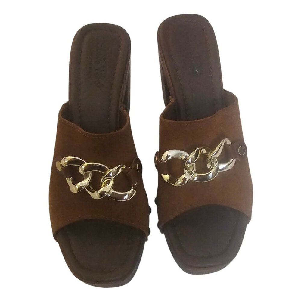 Carlo Pera Brown Suede Chain & Stud Accent Slip On Mule Platform Sandals Size 41 - Picture 3 of 8